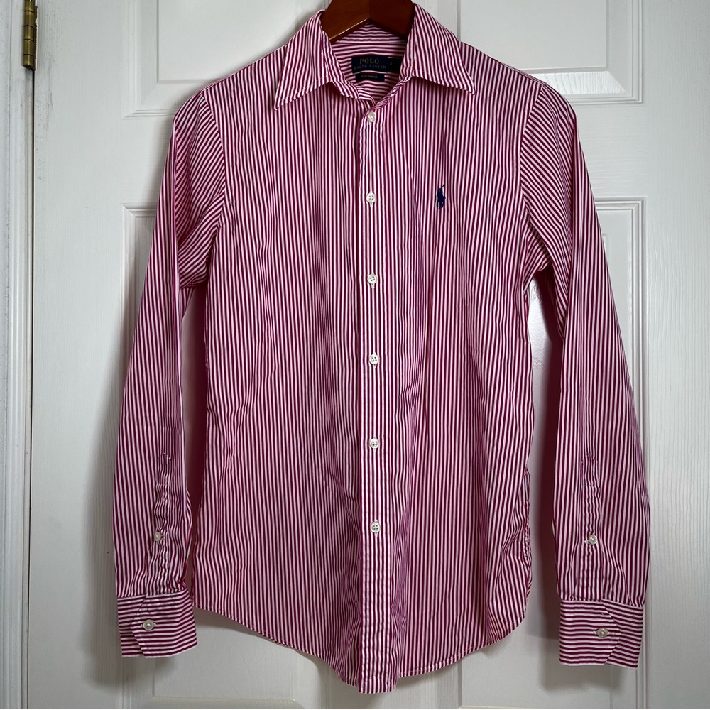 Ralph Lauren Red and White Striped Button Down Shirt